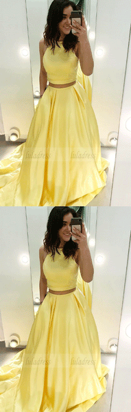 Two Piece Yellow Satin Formal Dress,Halter Long Prom Dresses,BD99926