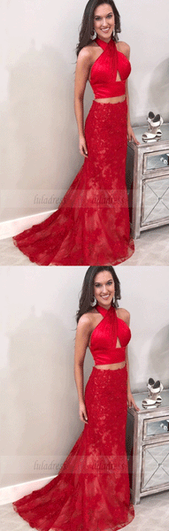 Two Piece Halter Backless Sweep Train Red Prom Dress with Beading,BD99931