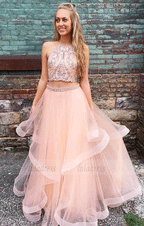 Beaded Two Piece Tulle Prom Dresses, Long Evening Party Gown