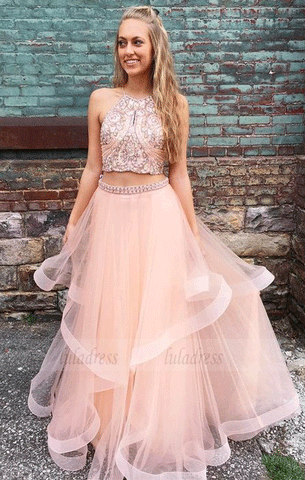 Beaded Two Piece Tulle Prom Dresses, Long Evening Party Gown, BW97570