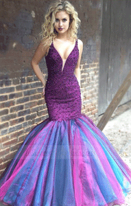 Beaded Purple Mermaid Evening Prom Dresses with Plunging V-neck, BW97573