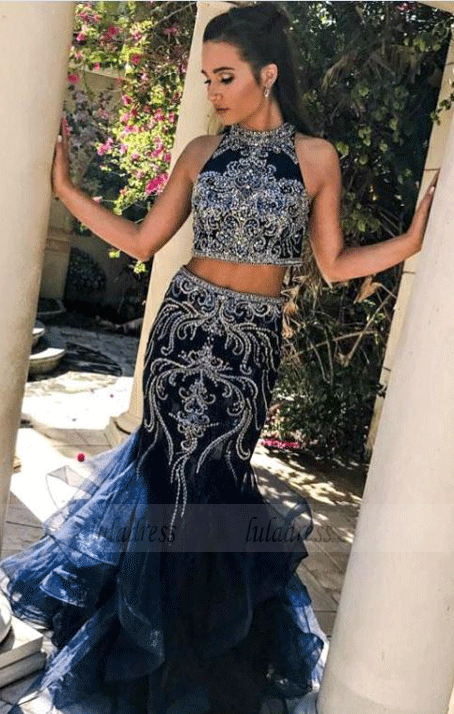 Lavish Rhinestones Two Piece Mermaid Prom Dresses with Tulle Skirt, BW97575