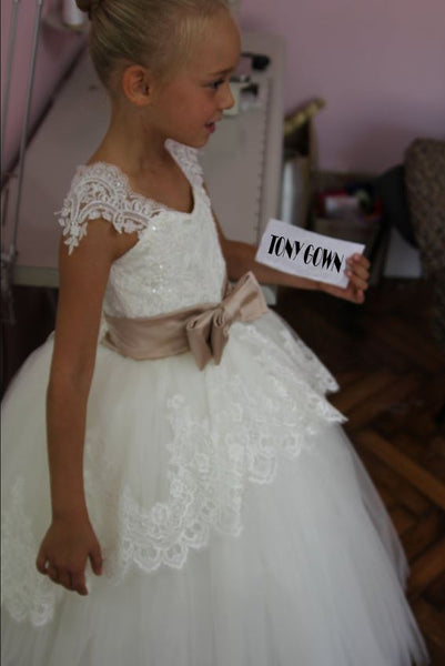 Flower Girl Dress, Beautiful White Lace Appliques Bow Belt Tulle Flower Girl Dress Pageant Dresses For Girls Glitz,BD98843