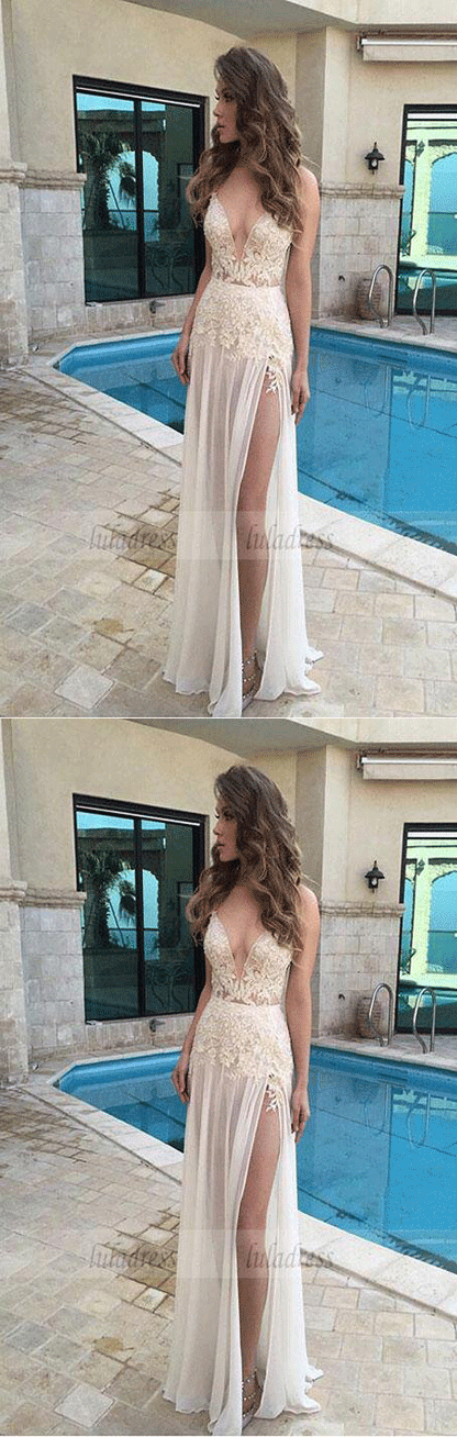 Lace Prom Dress,White Prom Gown,Slit Prom Gowns,Elegant Evening Dress