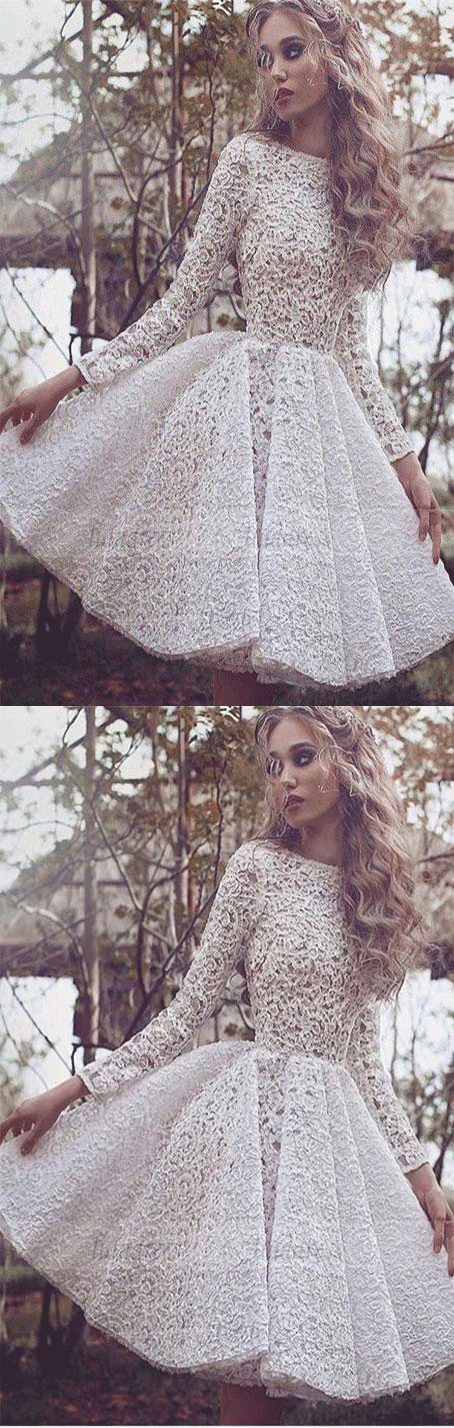 Unique Long Sleeves Full Lace Evening Gowns Short Homecoming Dress