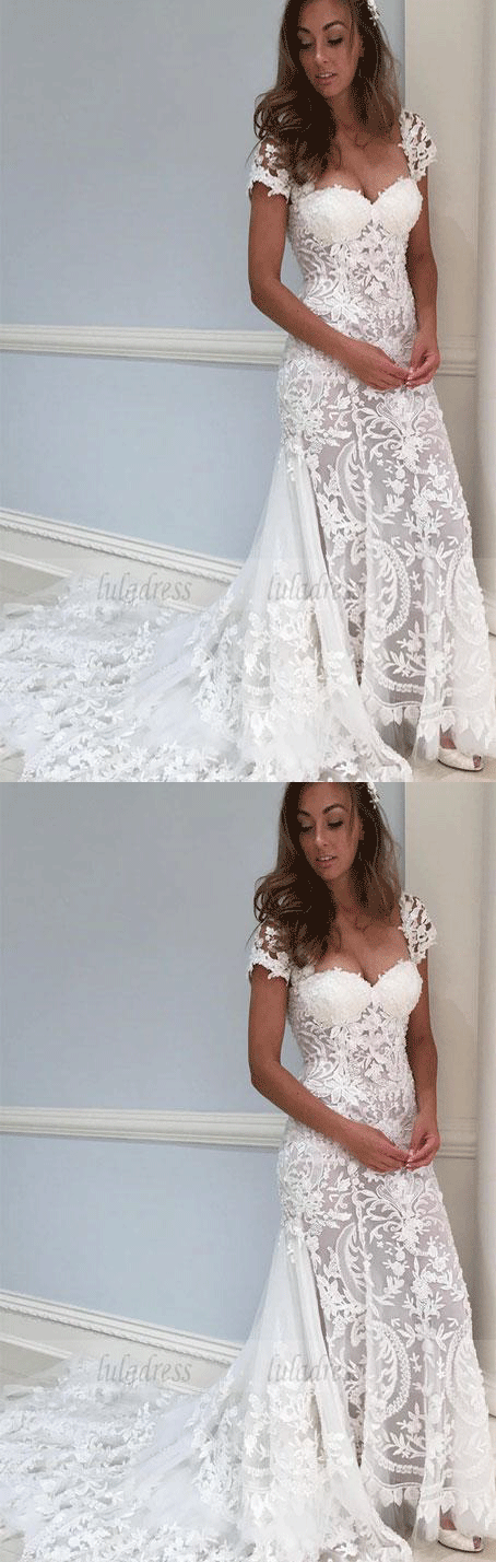 Gorgeous Cap Sleeves White Lace Long Wedding Dress