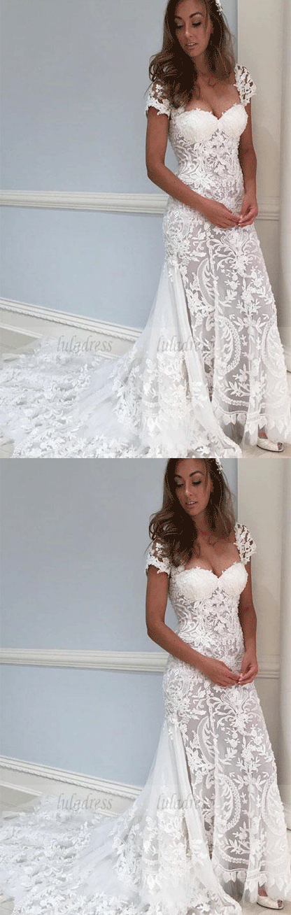 Gorgeous Cap Sleeves White Lace Long Wedding Dress