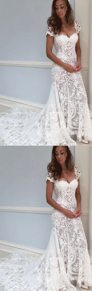 Gorgeous Cap Sleeves White Lace Long Wedding Dress,BD99637