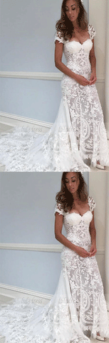 Gorgeous Cap Sleeves White Lace Long Wedding Dress