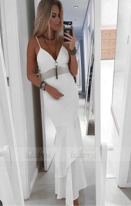 Mermaid Spaghetti Straps Tiered White Stretch Satin Prom Dress with Beading