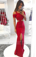 Sheath Square Neck Sleeveless Red Stretch Satin Prom Dress with Split