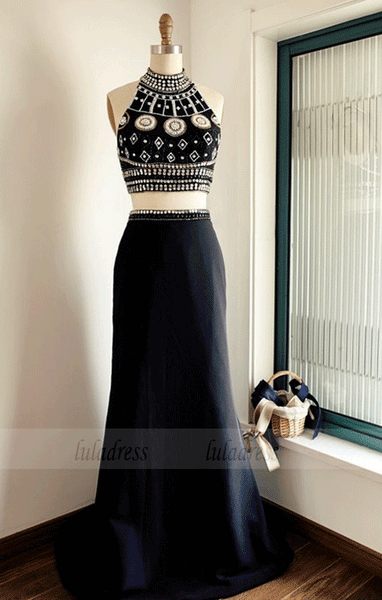 Two-Piece Halter Beaded Bodice Long Prom Dress,BW97209