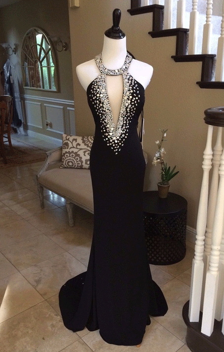 Open Back Long Black Jersey Beaded Prom Dress,BW97210