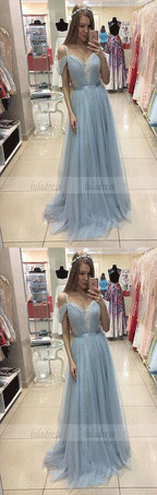 A-line Sweep Train Baby Blue Formal Dress Cap Sleeves Beautiful Straps Tulle Prom Dress