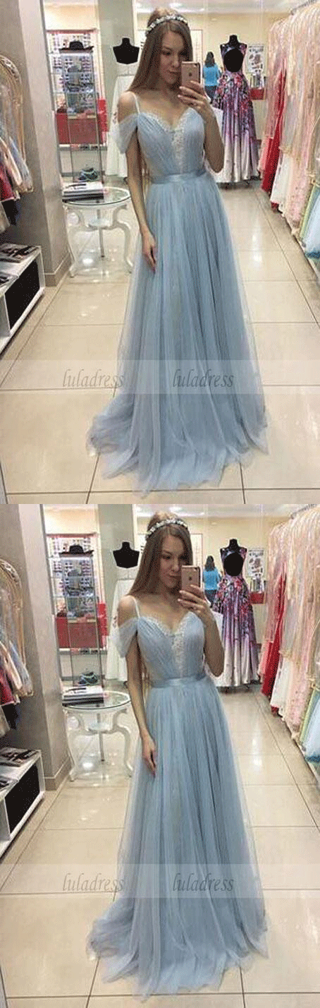 A-line Sweep Train Baby Blue Formal Dress Cap Sleeves Beautiful Straps Tulle Prom Dress