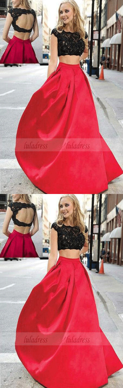 Elegant Evening Dress,Modest Evening Gowns,2 Piece Party Gowns,Open Back Black Prom Dress