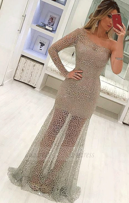 Shiny Beading One Shoulder Long Sleeve See Through Prom Dresses, BW97671