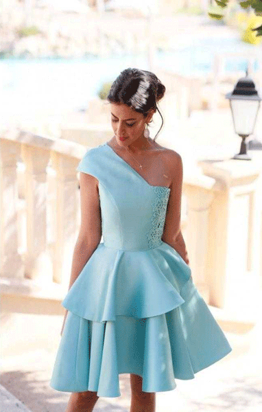 Short Homecoming Dress, A-line One Shoulder Satin Lace Prom Dress,BD98428