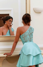 Short Homecoming Dress, A-line One Shoulder Satin Lace Prom Dress