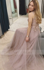 Nude Organza Prom Dresses Long Lace Applique Beaded Evening Gowns