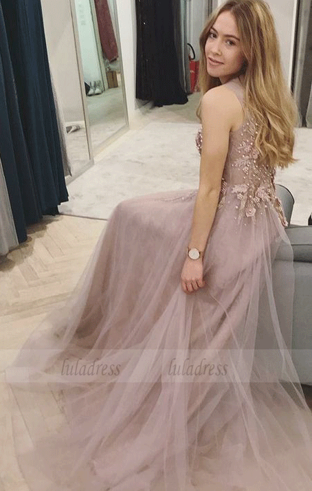 Nude Organza Prom Dresses Long Lace Applique Beaded Evening Gowns