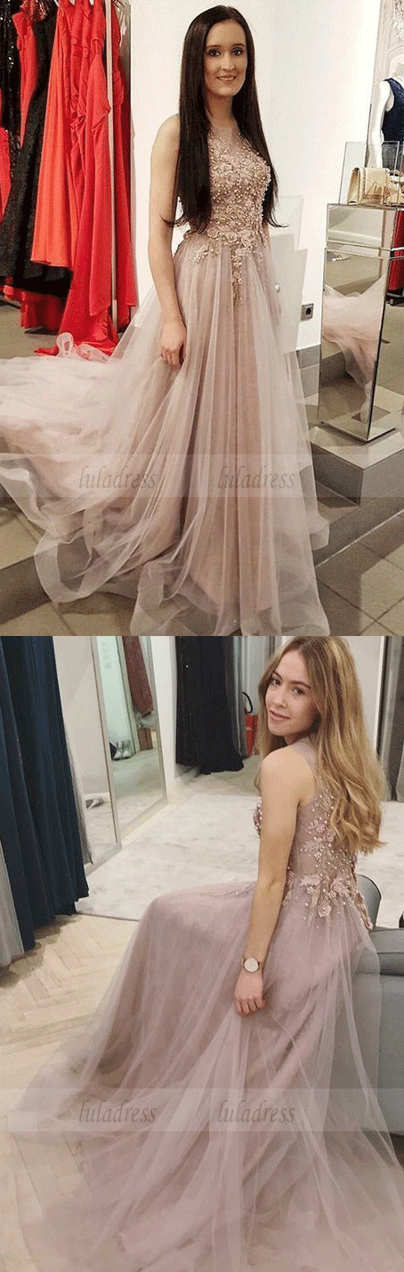 Nude Organza Prom Dresses Long Lace Applique Beaded Evening Gowns luladress Nude Organza Prom Dresses Long Lace Applique Beaded Evening Gowns luladress