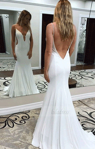 Sexy V Neck Mermaid Formal Evening Gown,White Backless Party Dress,BW97007