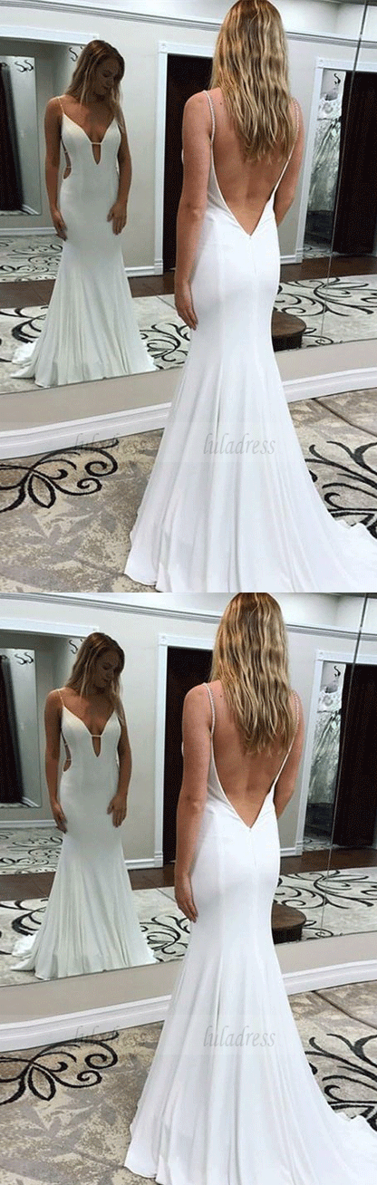 Sexy V Neck Mermaid Formal Evening Gown,White Backless Party Dress
