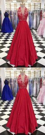 Red V-neck Tulle Lace Applique Long Prom Dress, Red  Evening Dress