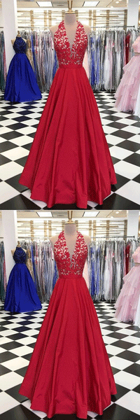 Red V-neck Tulle Lace Applique Long Prom Dress, Red  Evening Dress,BD98024