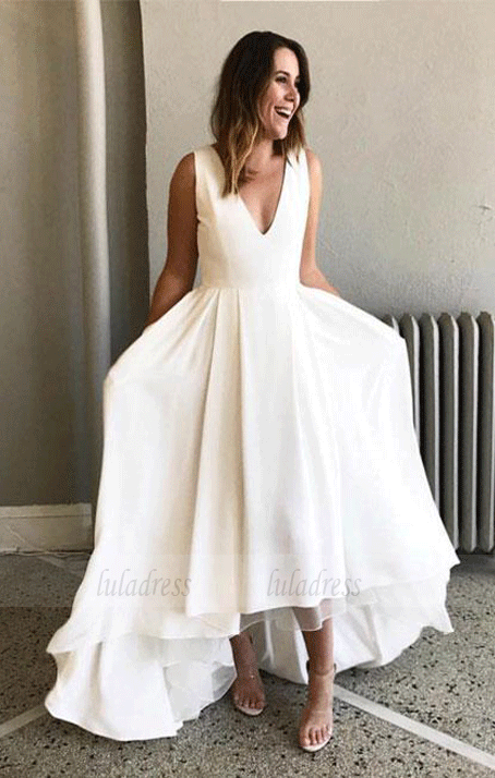 A-Line V-Neck Sleeveless White High Low Prom Dresses