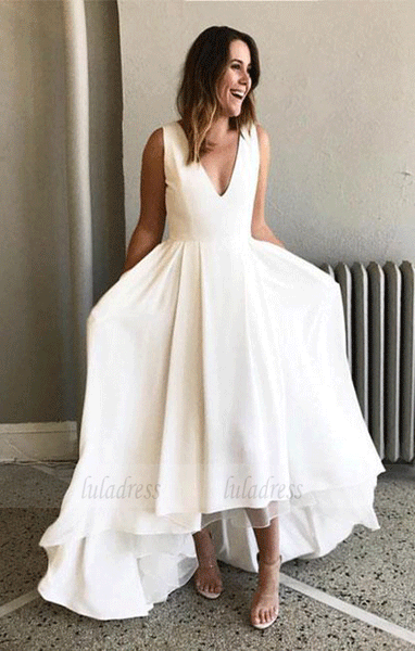 A-Line V-Neck Sleeveless White High Low Prom Dress,BW97179 – luladress