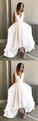 A-Line V-Neck Sleeveless White High Low Prom Dresses