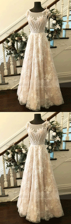 A-Line Bateau Cap Sleeveless Lace Long Prom Dress With Beading