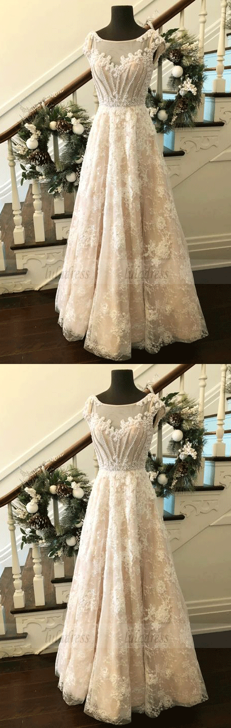 A-Line Bateau Cap Sleeveless Lace Long Prom Dress With Beading