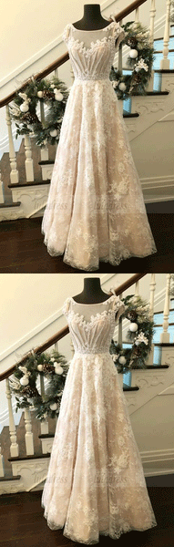 A-Line Bateau Cap Sleeveless Lace Long Prom Dress With Beading,BW97181