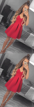 Red Satin Short Homecoming Dress With Pleats,BW97190
