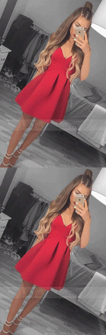 Red Satin Short Homecoming Dress With Pleats,BW97190