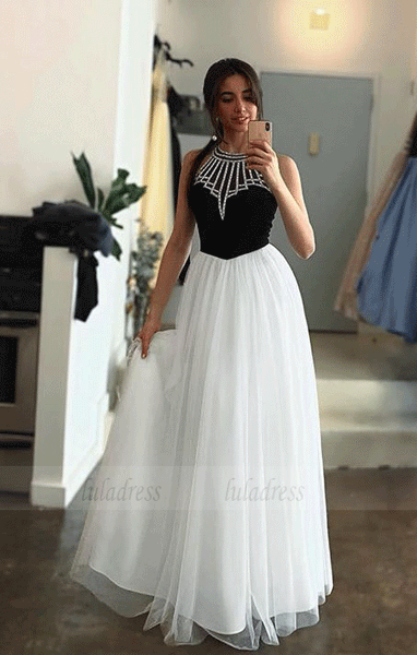Unique Black White Tulle Halter Long Prom Dress A Line Party Dress,BW97533