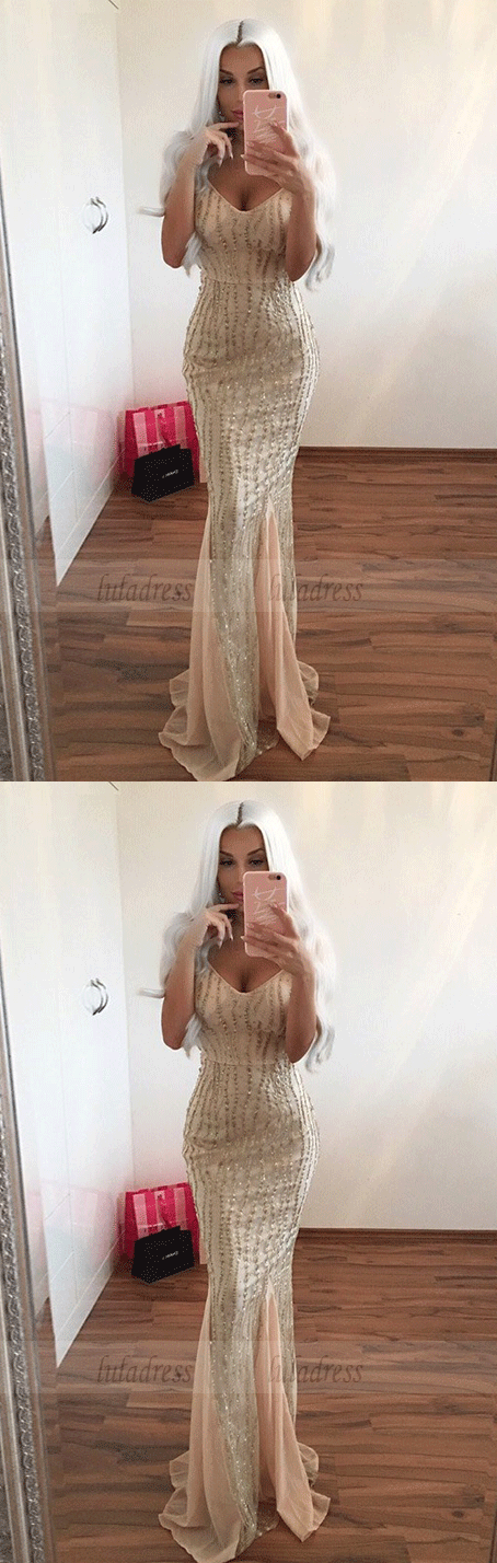 Mermaid Spaghetti Straps Long Prom Dress with Beading