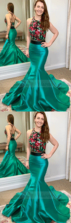 Two Piece Round Neck Sweep Train Green Prom Dress with Embroidery