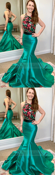 Two Piece Round Neck Sweep Train Green Prom Dress with Embroidery,BW97037