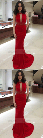 Mermaid Round Neck Red Long Prom Dress with Sequins Keyhole