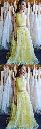 Two Piece Round Neck Floor-Length Daffodil Printed Prom Dress