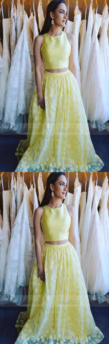 Two Piece Round Neck Floor-Length Daffodil Printed Prom Dress
