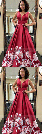 A-Line V-Neck Long Dark Red Floral Satin Prom Dresses