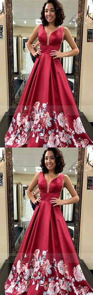 A-Line V-Neck Long Dark Red Floral Satin Prom Dress,BW97041