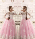 Flower Girl Dress, Princess Pink Long Sleeves Backless Flower Girls Dresses