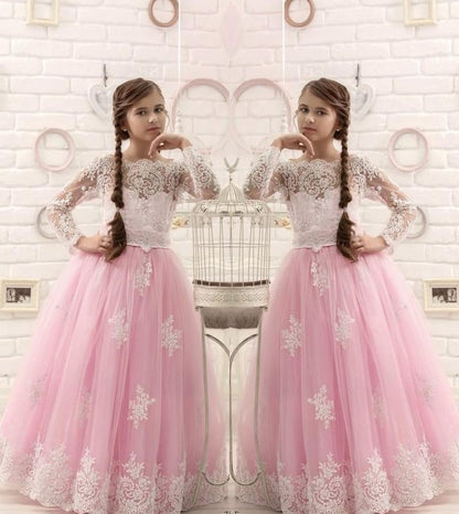 Flower Girl Dress, Princess Pink Long Sleeves Backless Flower Girls Dresses