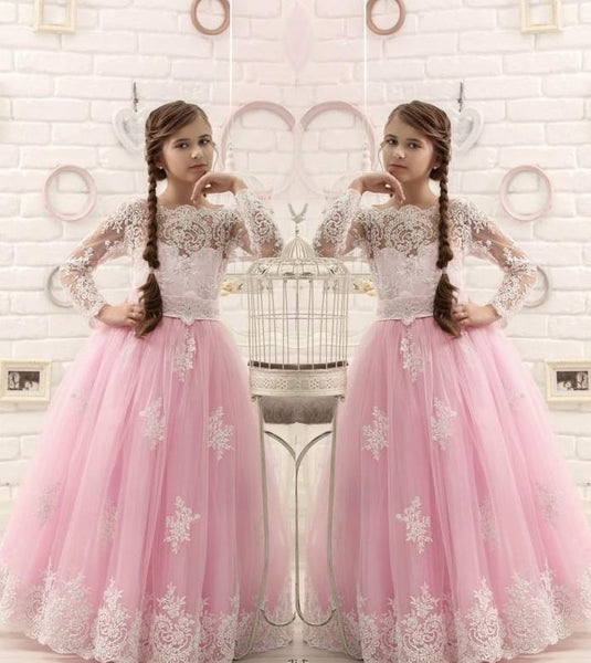 Flower Girl Dress, Princess Pink Long Sleeves Backless Flower Girls Dresses,BD98800